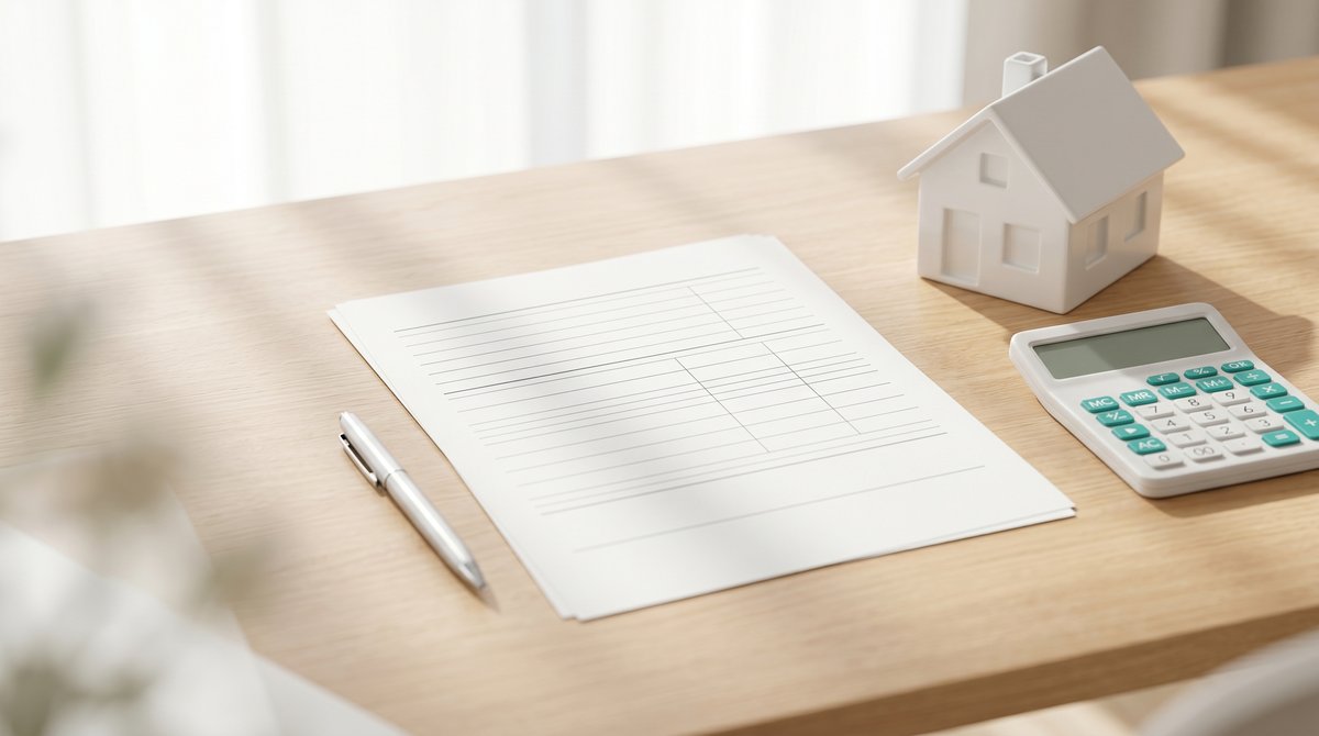 Steuerformular mit Stift, Hausmodell und Taschenrechner als Symbol für die Anlage V