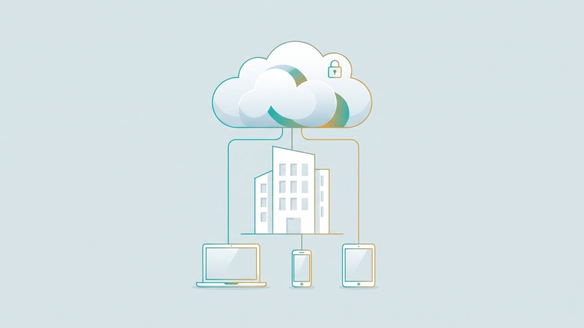 Cloud mit Schloss über Wohngebäude, verbunden mit Laptop, Smartphone und Tablet
