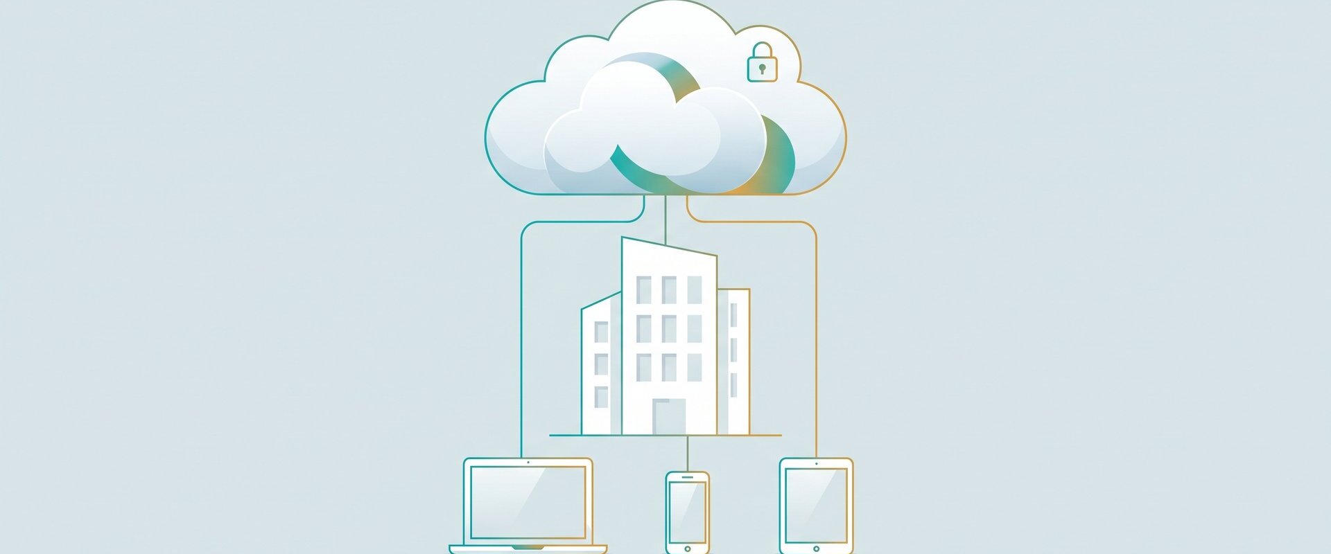 Cloud mit Schloss über Wohngebäude, verbunden mit Laptop, Smartphone und Tablet