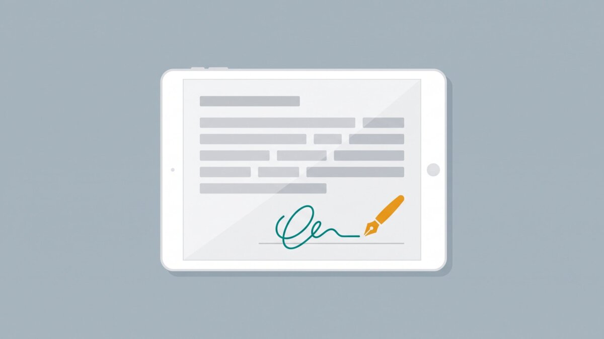 Tablet mit Mietvertrag und handschriftlicher Signatur sowie Stift