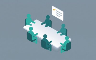 Eigentümerversammlung am Tisch mit Tagesordnungs-Karte