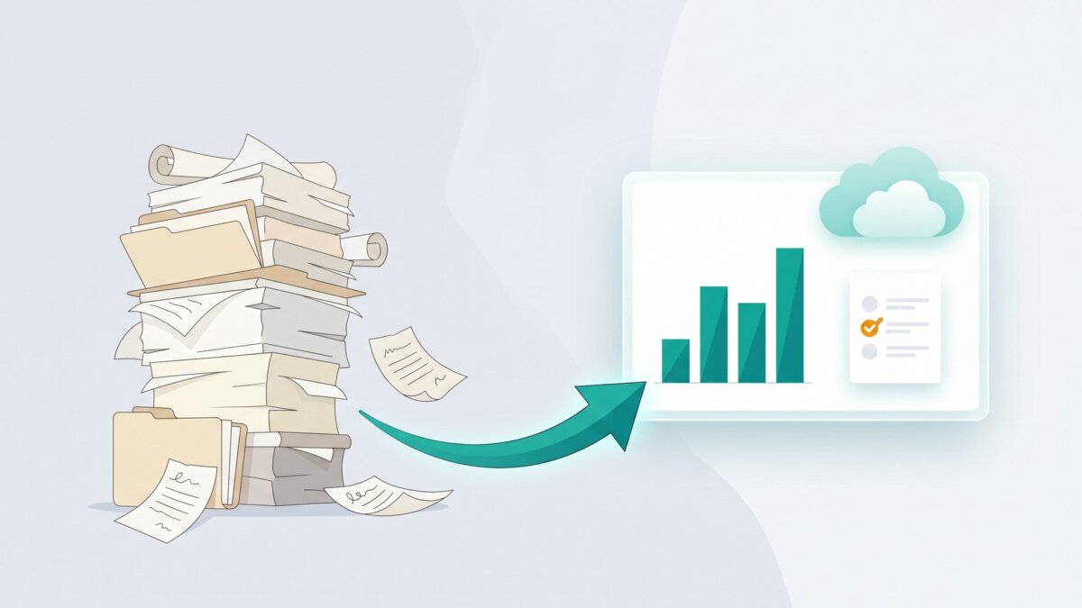 Papierstapel verwandelt sich per Pfeil in ein digitales Software-Dashboard