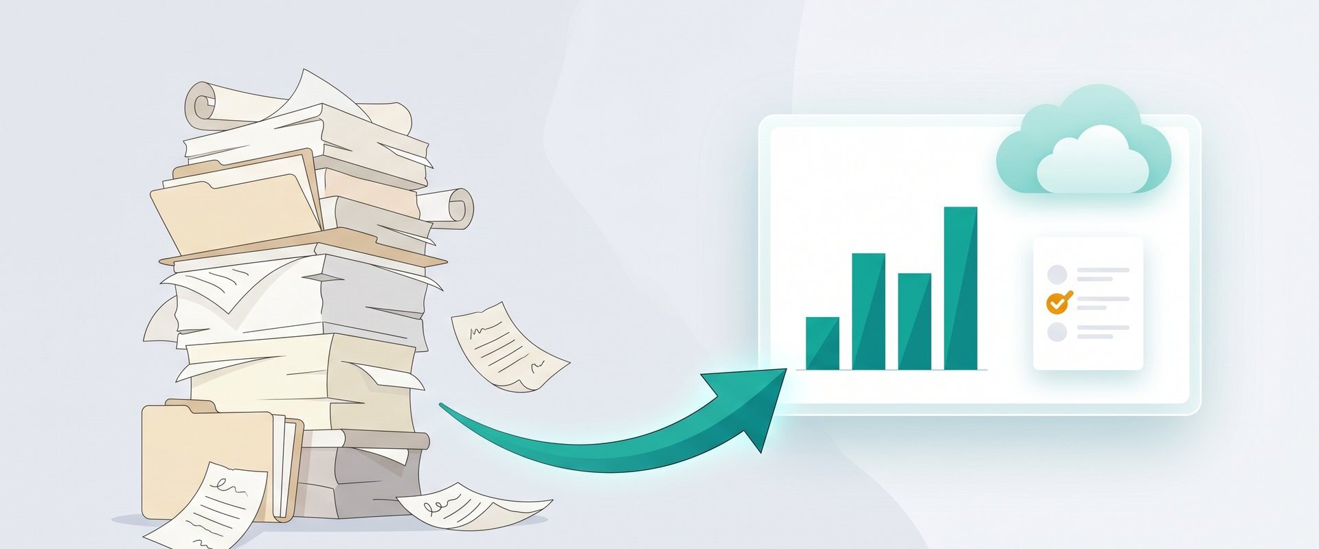 Papierstapel verwandelt sich per Pfeil in ein digitales Software-Dashboard