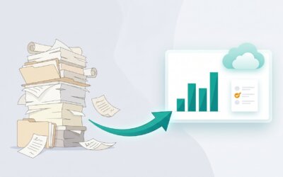 Papierstapel verwandelt sich per Pfeil in ein digitales Software-Dashboard