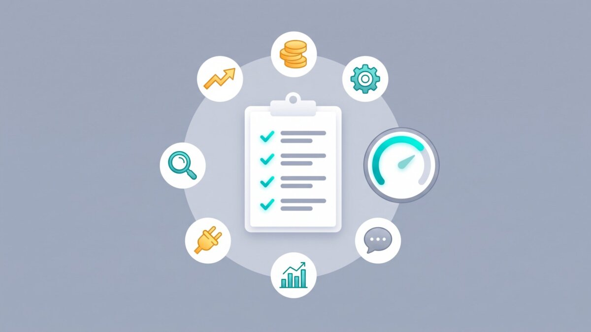 Bewertungs-Checkliste mit sechs Test-Kategorie-Icons und Score-Anzeige