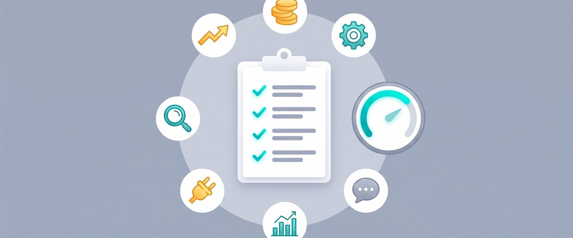 Bewertungs-Checkliste mit sechs Test-Kategorie-Icons und Score-Anzeige
