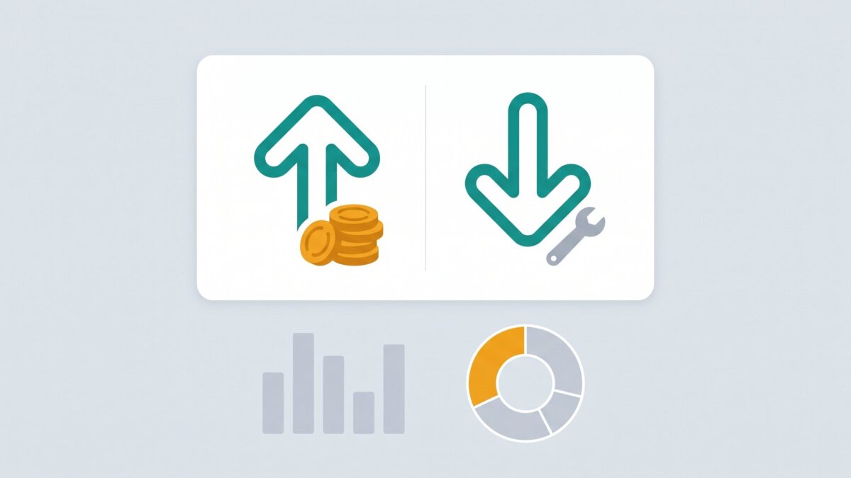 Buchhaltungs-Dashboard mit Einnahmen-Pfeil, Ausgaben-Pfeil und Diagrammen