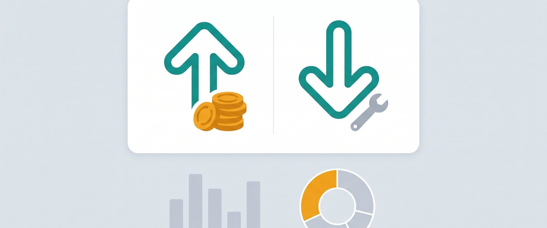 Buchhaltungs-Dashboard mit Einnahmen-Pfeil, Ausgaben-Pfeil und Diagrammen