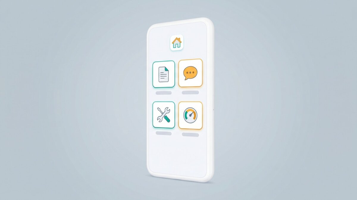 Smartphone mit Mieterportal-App und mehreren Funktions-Kacheln