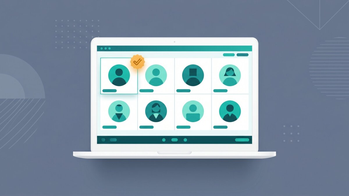 Laptop mit Video-Versammlung der Eigentümer und Beschluss-Badge