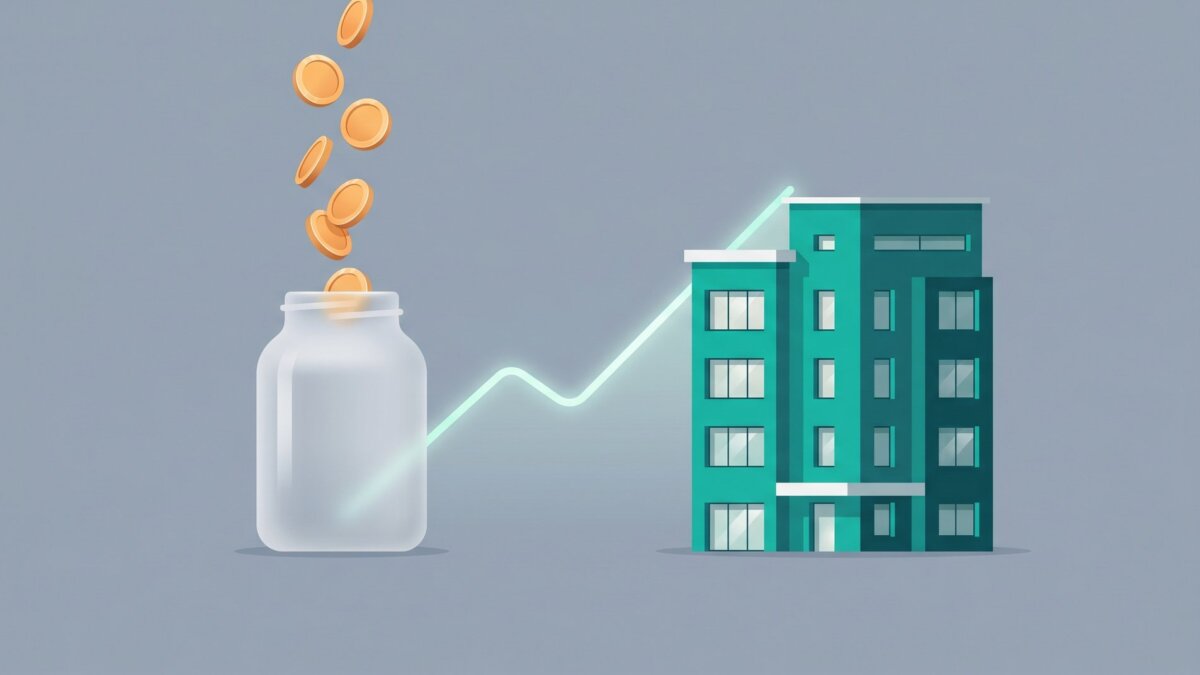 Sparglas mit Münzen, Wohngebäude und Wachstumslinie als Rücklage-Symbol