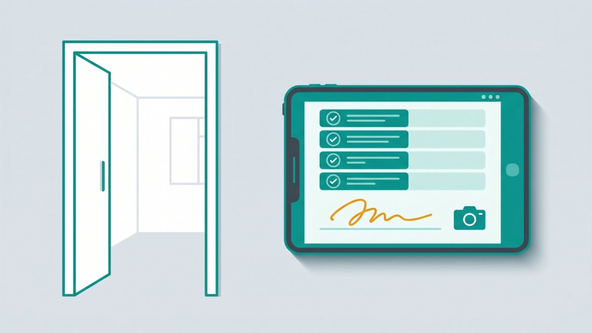 Offene Wohnungstür und Tablet mit digitalem Übergabeprotokoll und Unterschrift