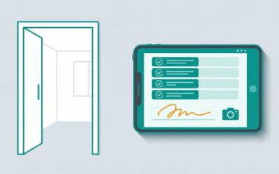 Offene Wohnungstür und Tablet mit digitalem Übergabeprotokoll und Unterschrift