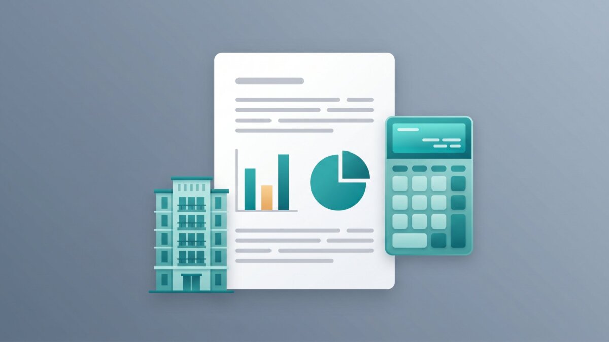 Wirtschaftsplan-Dokument mit Diagramm, Gebäude und Taschenrechner