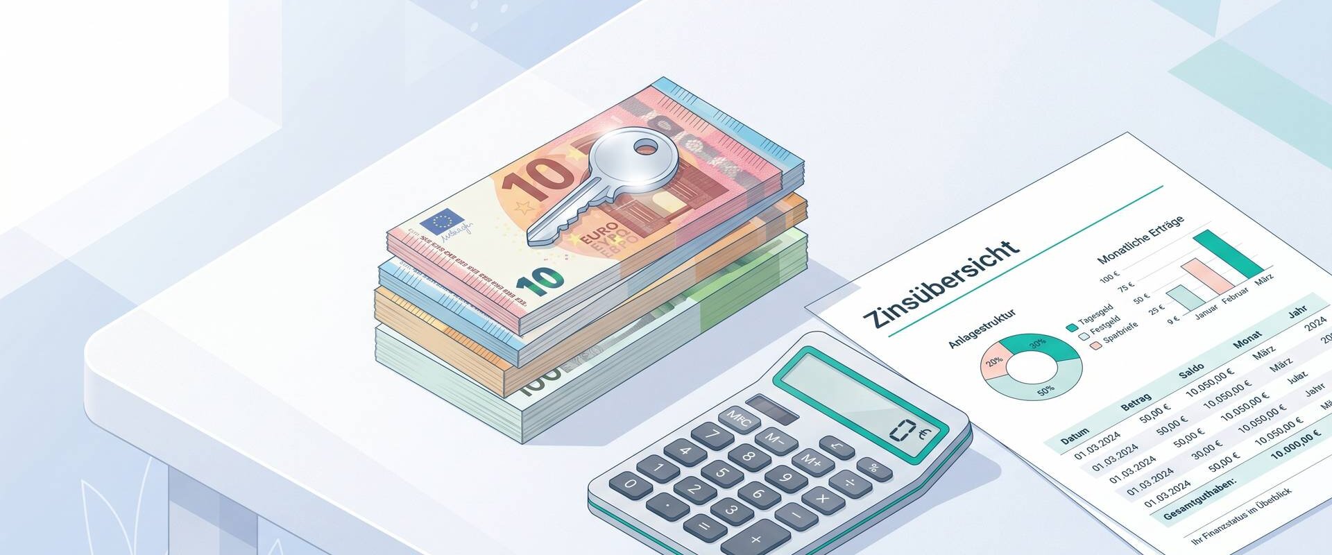 Euro-Geldscheine mit Wohnungsschlüssel, Taschenrechner und Zinsübersicht zur Mietkaution
