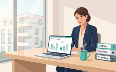 Hausverwalterin am Laptop mit Hausverwaltungs-Software, Ordner für Verträge, Eigentum und Verwaltung