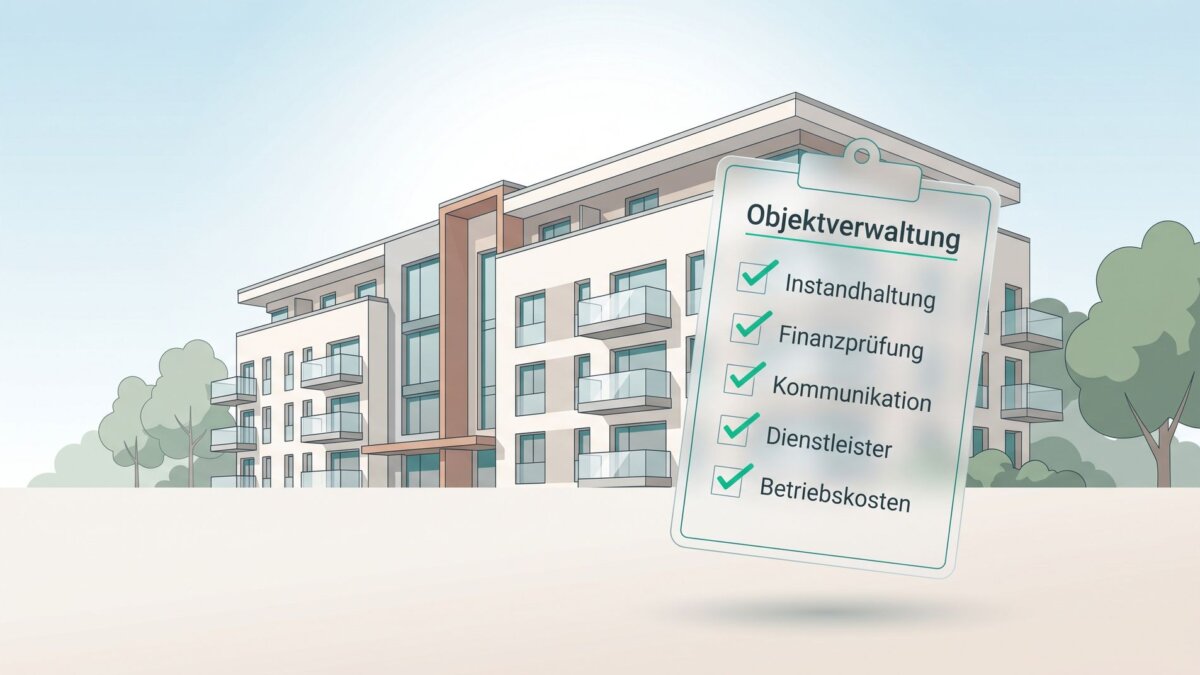 Mehrfamilienhaus mit Checkliste der Objektverwaltung: Instandhaltung, Finanzprüfung, Kommunikation
