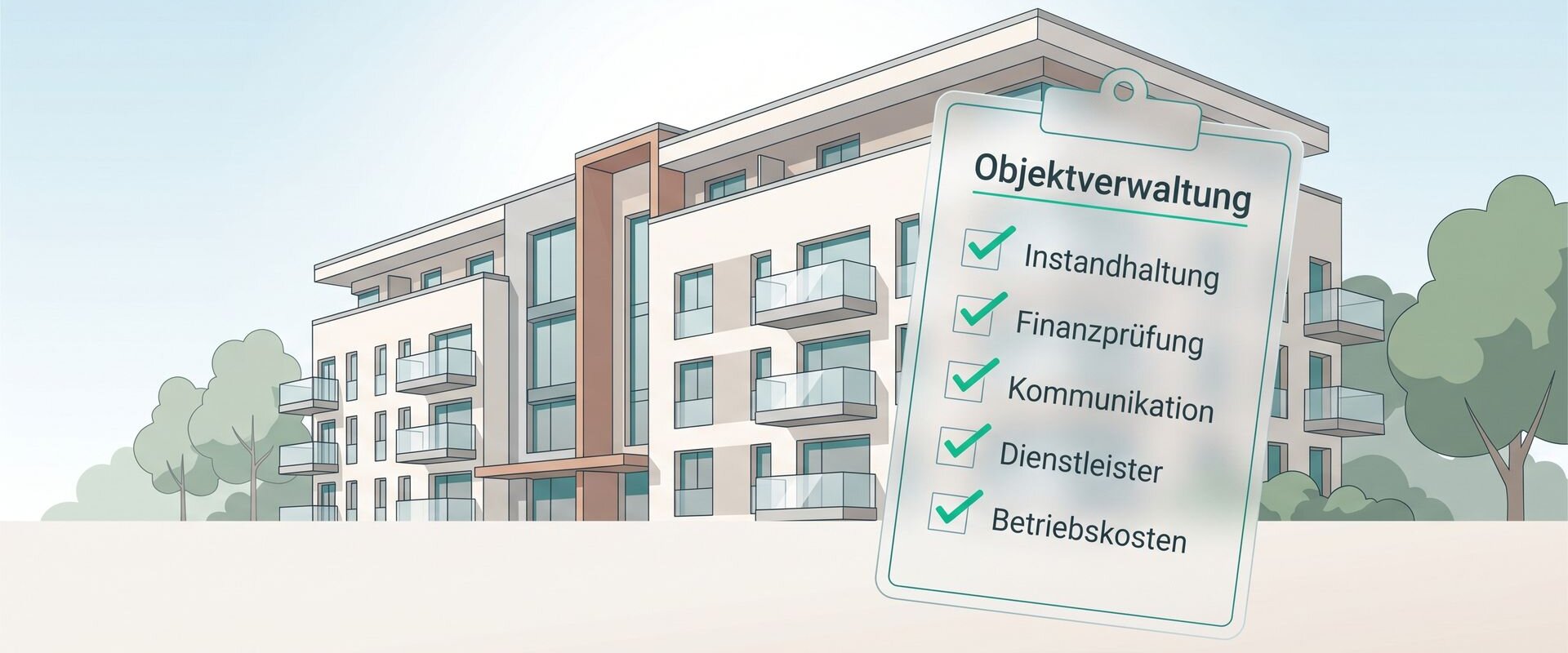 Mehrfamilienhaus mit Checkliste der Objektverwaltung: Instandhaltung, Finanzprüfung, Kommunikation